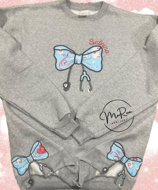 ⭐Embroidered Bow And Stethoscope⭐ Embroidered Crew Neck Sweatshirt or Hoodie ❤️ Please Allow 5-7 Business Days To Ship Once Ordered.