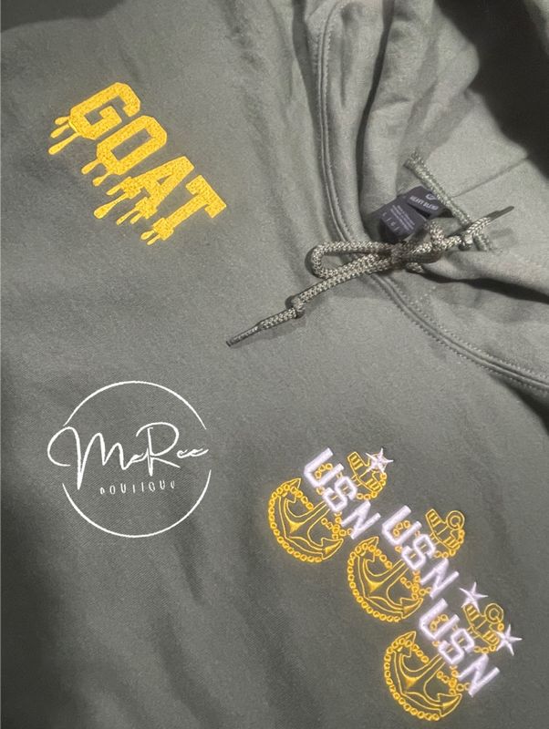 ✨ Premium Embroidered Detail Sweatshirt or Hoodie ✨ • Right Chest: Dripping Gold GOAT embroidery • Left Chest: Classic Gold and White Tri-Anchor embroidery ✔ Ships in 5–6 business days