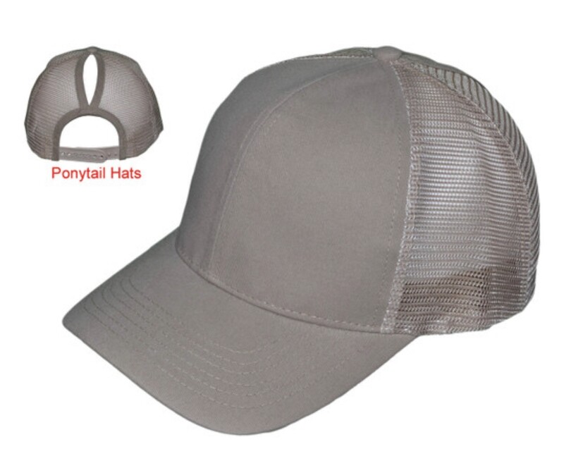 Khaki Embroidered ❤️ LADIES PONYTAIL MID PROFILE VINTAGE FRONT MESH POLYESTER BACK TRUCKER HATS 🧢 Please allow  3-5 business days to ship once the order is placed.