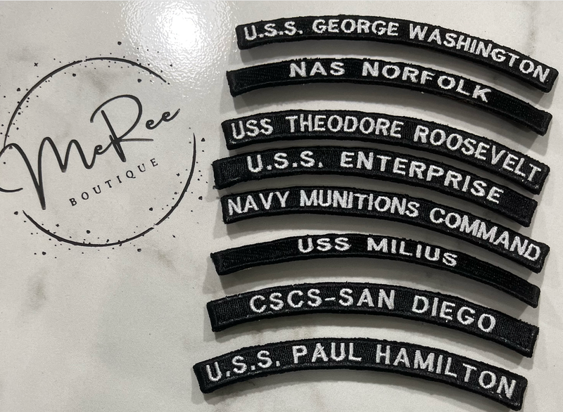 (1) Custom Navy Command Inspired Rocker Patch — 5" long x 1/2" tall &amp; up to 25 characters (including spaces.) ⚠️ Please submit a separate order for each rocker if more than one is needed.