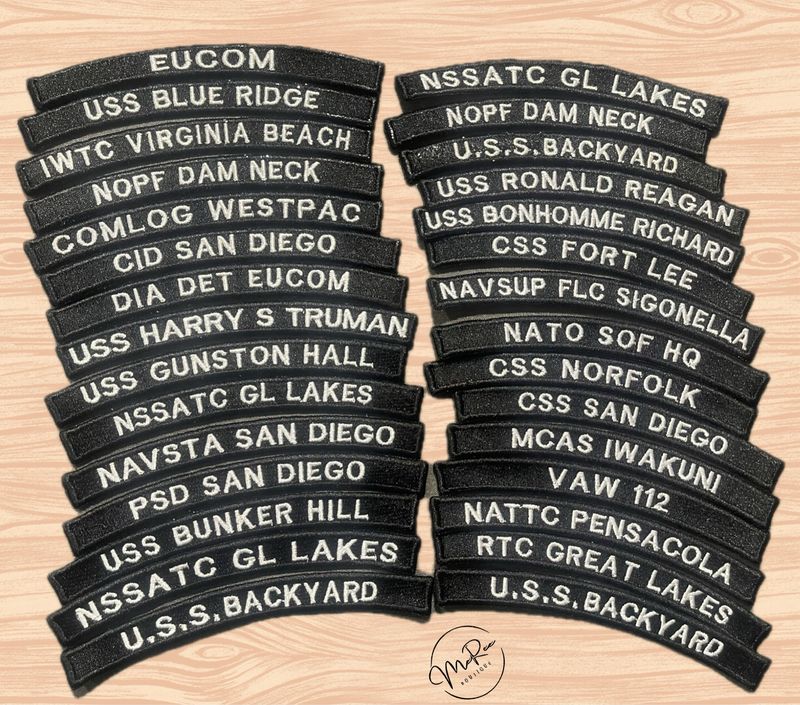 (1) Custom Navy Command Inspired Rocker Patch — 5" long x 1/2" tall &amp; up to 25 characters (including spaces.) ⚠️ Please submit a separate order for each rocker if more than one is needed.