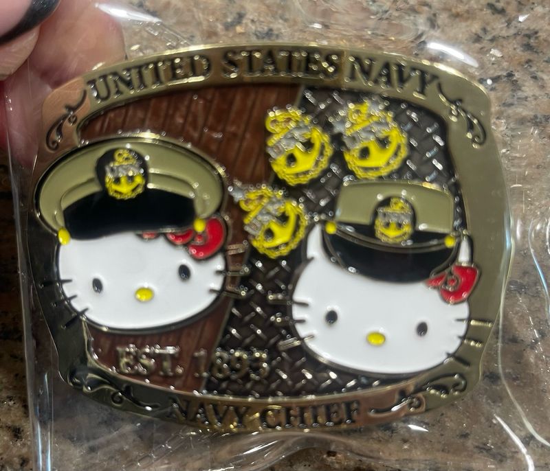 **REORDER ON THE WAY!** ⚓️💕 Khaki Kitty CPO Belt Buckle – 2" x 3" !!! 📦 **Expected to arrive in approximately 3 weeks as of August 20, 2026!**