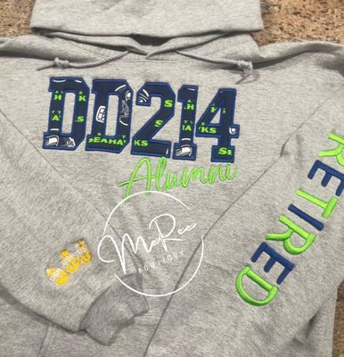 ⭐ Embroidered Seahawk DD214 Appliqué ⭐ Crew Neck Sweatshirt or Hoodie. **Please allow 5–6 business days to ship once ordered.
