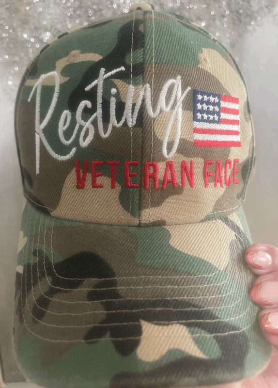 🇺🇸  Embroidered Resting Veteran Face Camo Hat  *Ships within 3-5 business days after ordering. **Please refer to listing photos for available hat styles before placing your order.