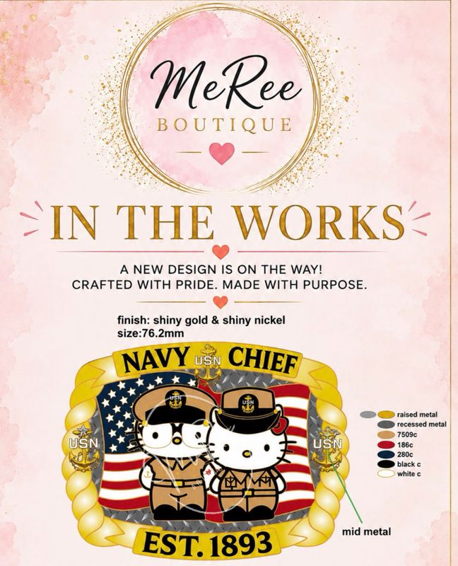 ⚓️💕 PREORDER 💕⚓️ Flag Khaki Kitty &amp; Friend CPO Belt Buckle – 2" x 3" 📦 **Expected to arrive in approximately 3 weeks as of August 20, 2026!**