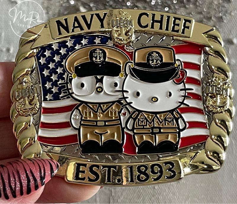 ⚓️💕 Ready To Ship 💕⚓️ Flag Khaki Kitty &amp; Friend CPO Belt Buckle – 2" x 3"