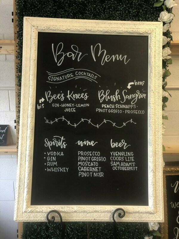 #211 Long White Ornate Chalkboard