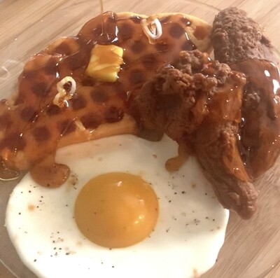 Chicken and Waffles with Fried Egg Brunch Plated WAX MELTS Topped with Honey Maple Syrup NO WICK Fake Food/Prop Hostess Corporate Gift Small Business Novelty Party Theme Takeaway Gift