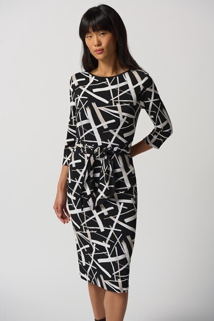Joseph Ribkoff-Dress Black Multi Geo Tie Front