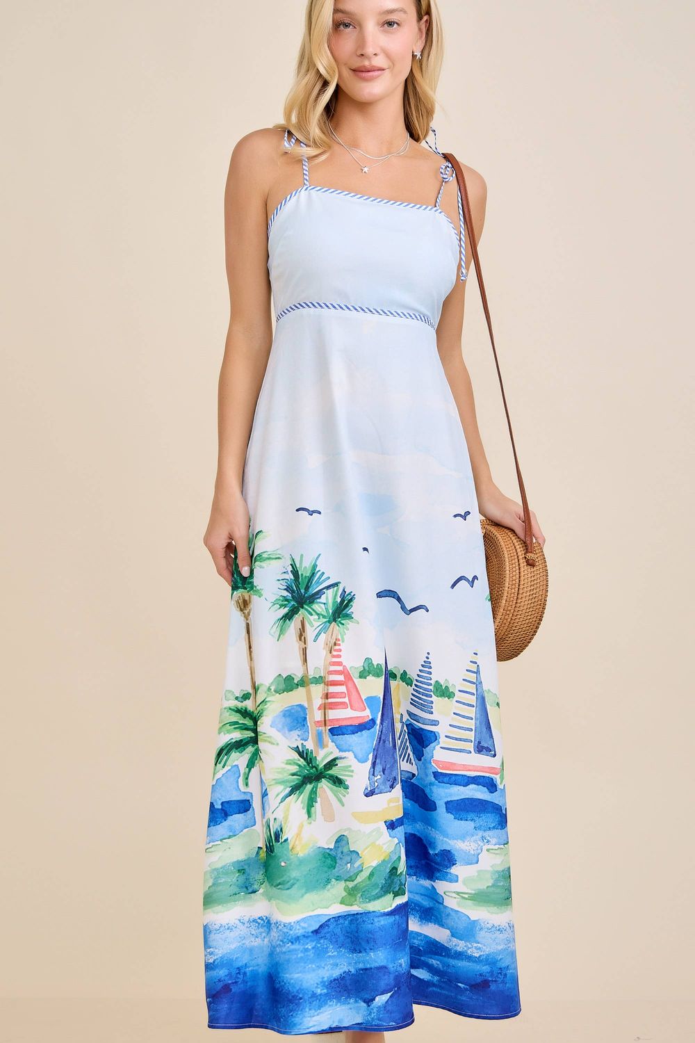 Coastal Sailboat Print Tie Strap Maxi Dress, Color: BLUE MULTI, Size: S