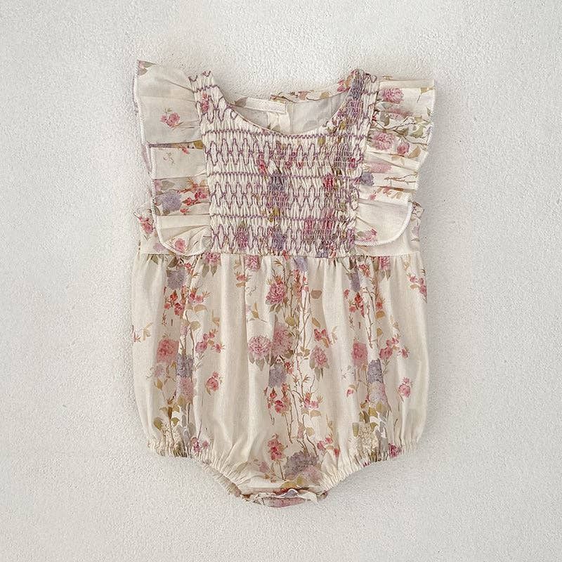 Floral Girls Romper Smocked Ruffle Sleeve