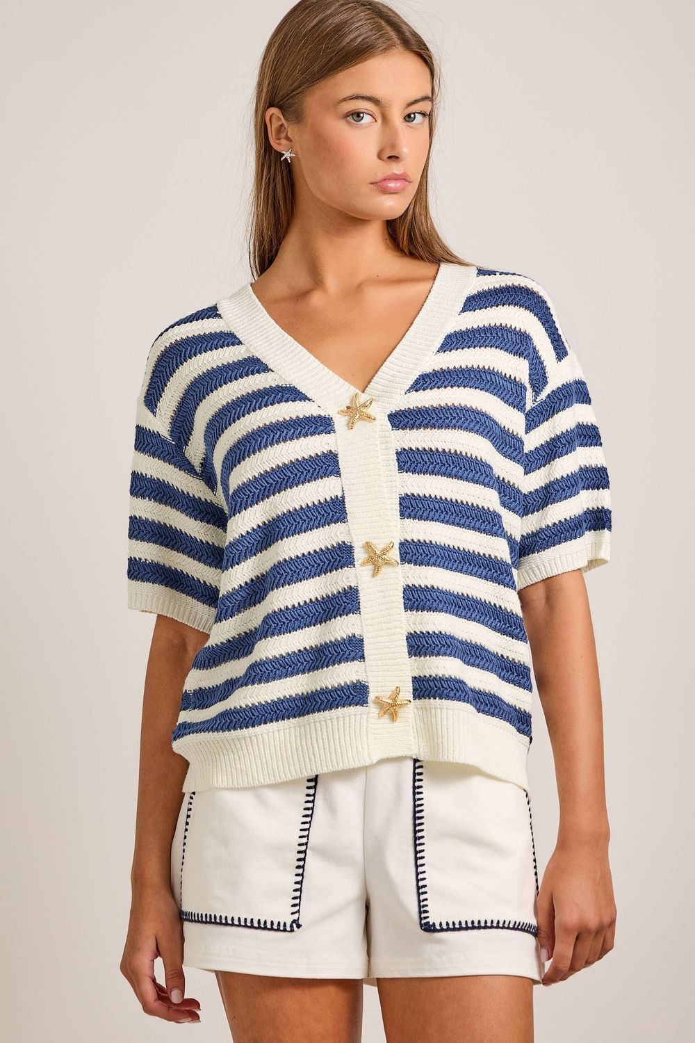Nautical Stripe Cardigan with Starfish Buttons, Color: NAVY, Size: S