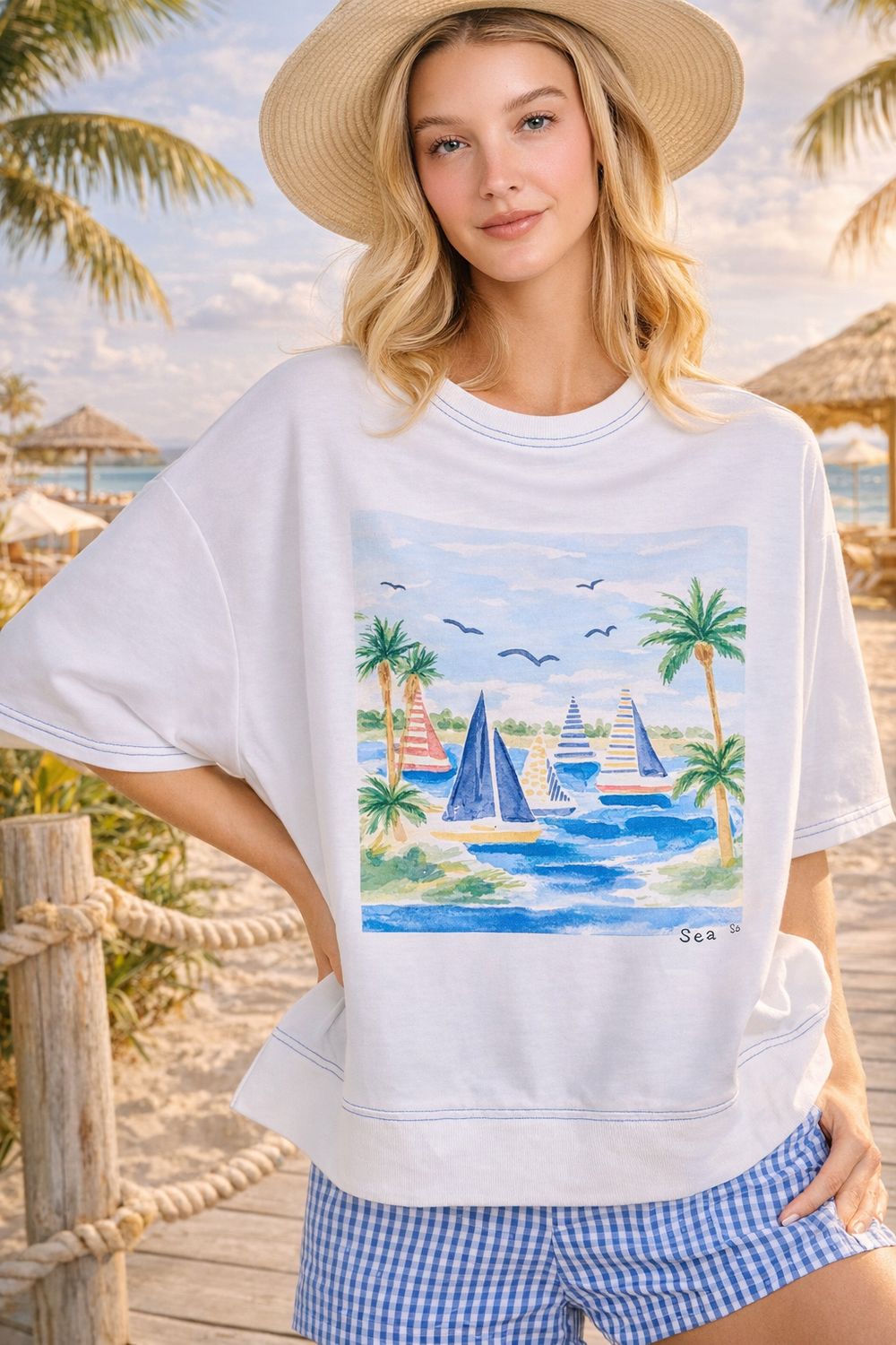 Sea Breeze Coastal Sailboat Graphic Top