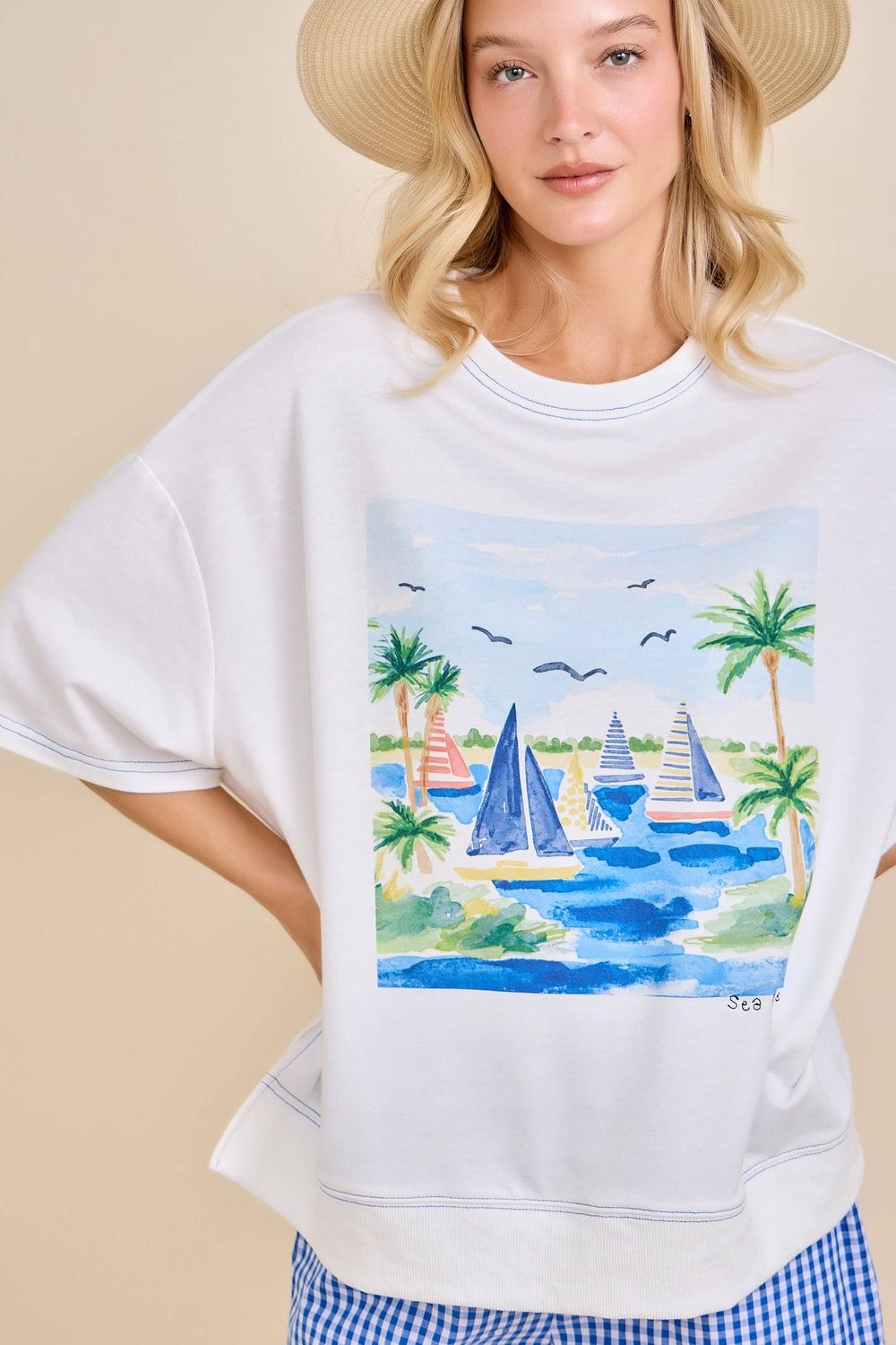Sea Breeze Coastal Sailboat Graphic Top, Color: OFF WHITE, Size: S