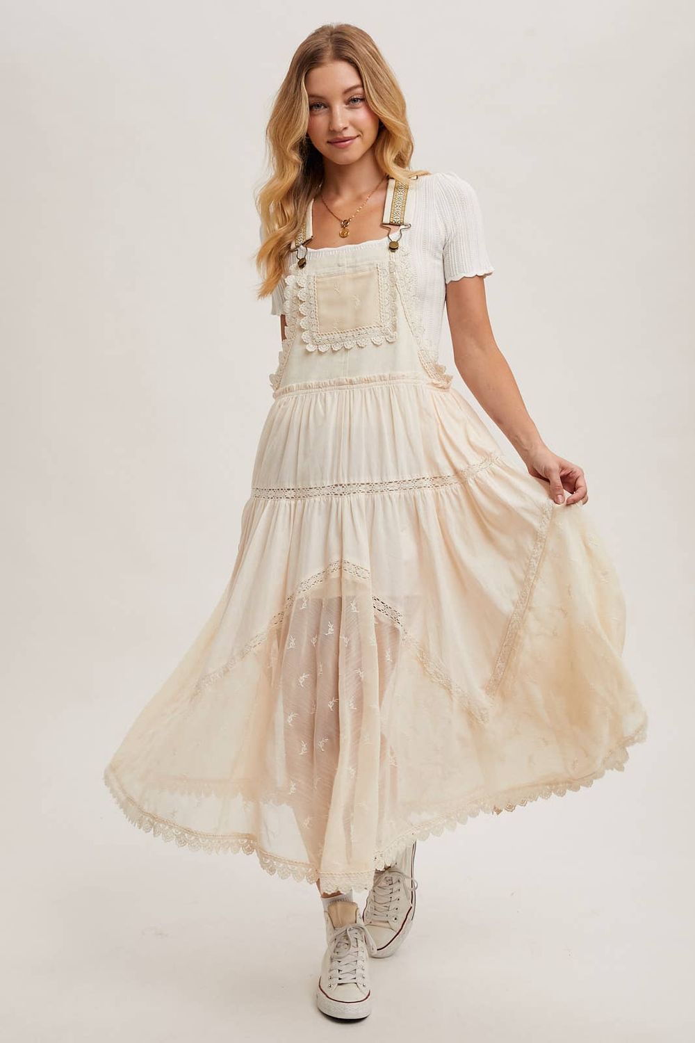 LACE EMBROIDERED TULLE BIB MAXI DRESS, Size: L