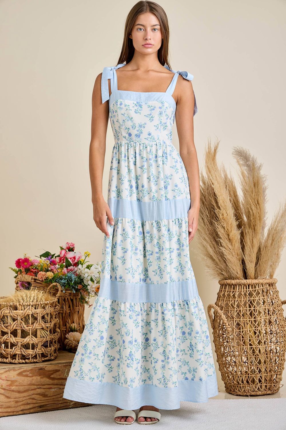 Floral Printed Maxi Shoulder Tie Dress, Color: BLUE MULTI, Size: S