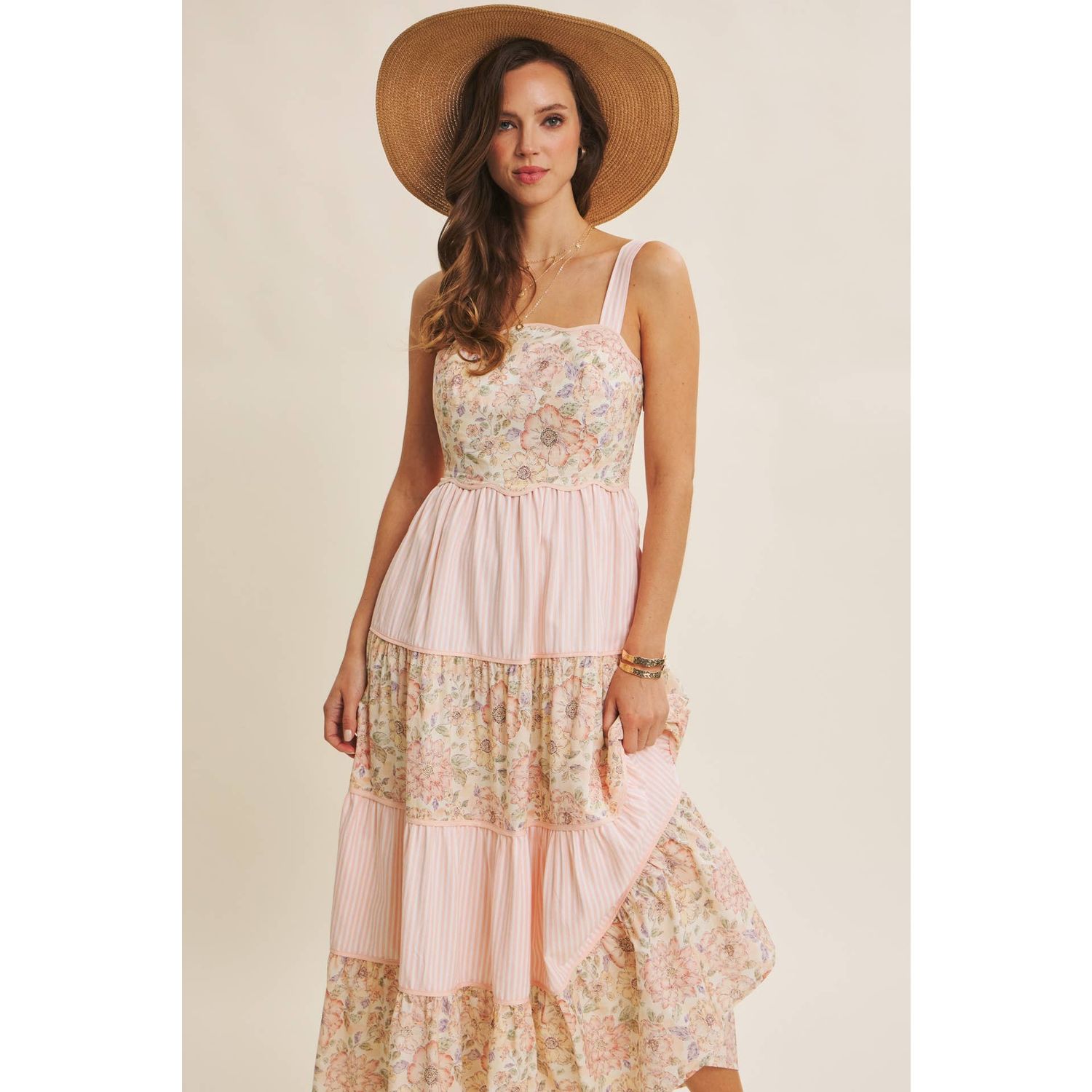 DREAMY IDEAL TIERED MIDI DRESS MIXED IN FLORALS AND STRIPES
