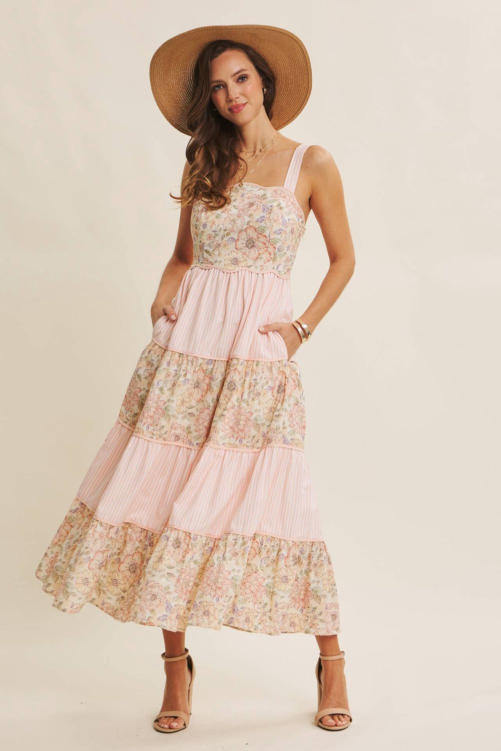 DREAMY IDEAL TIERED MIDI DRESS MIXED IN FLORALS AND STRIPES, Color: PEACH MULTI, Size: M