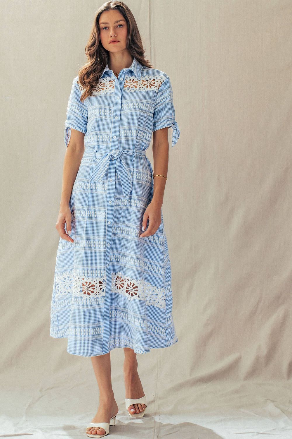 Gingham Cotton Shirt Dress Eyelet Embroidery