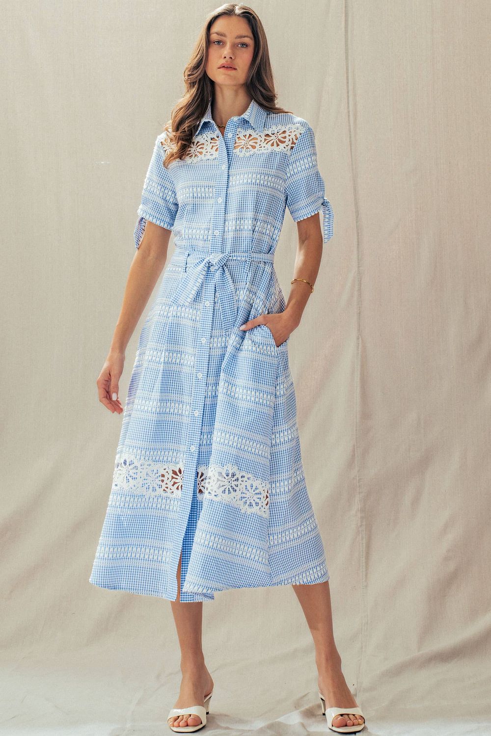 Gingham Cotton Shirt Dress Eyelet Embroidery, Size: S