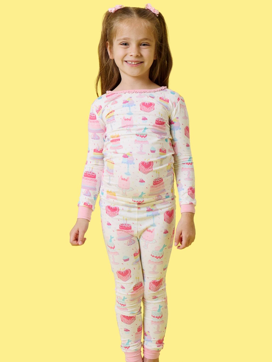 SoftSnooze™ Girls Cotton Modal Birthday Cake Party Ruffle Long Sleeve Pajama Set