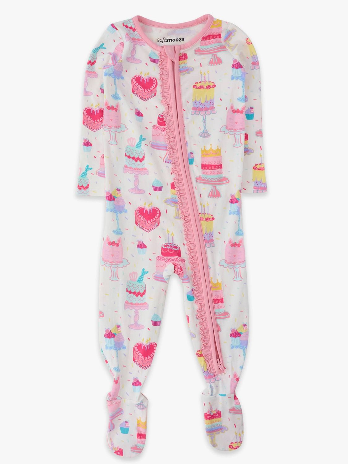 SoftSnooze™ Baby Girls Cotton Modal Birthday Cake Party Footed Ruffle One Piece Pajama