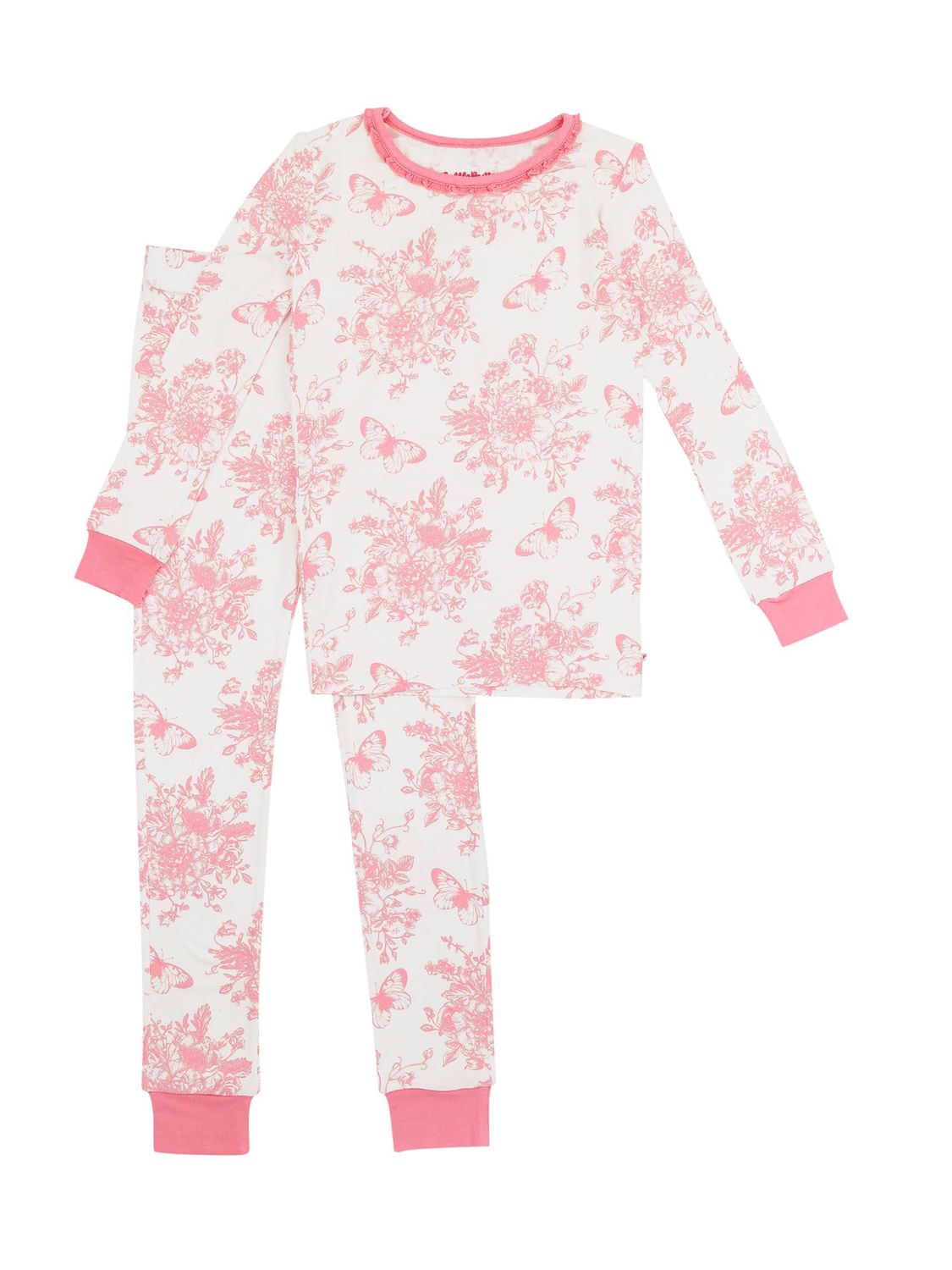 Pink Butterfly Garden Toile Ruffle Pajama Set, Color: White, Size: 7/8