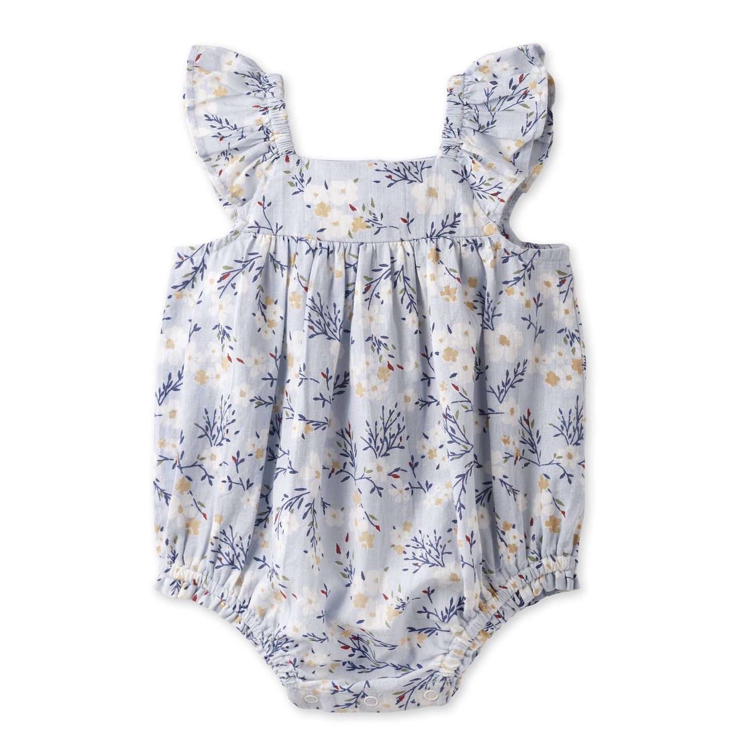Baby Girl Blue Floral Bubble Romper – Cotton Linen Sunsuit, Size: 0-3M