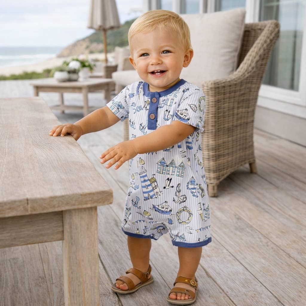 Seashore Baby Boy Romper – Bamboo Shortall One-Piece
