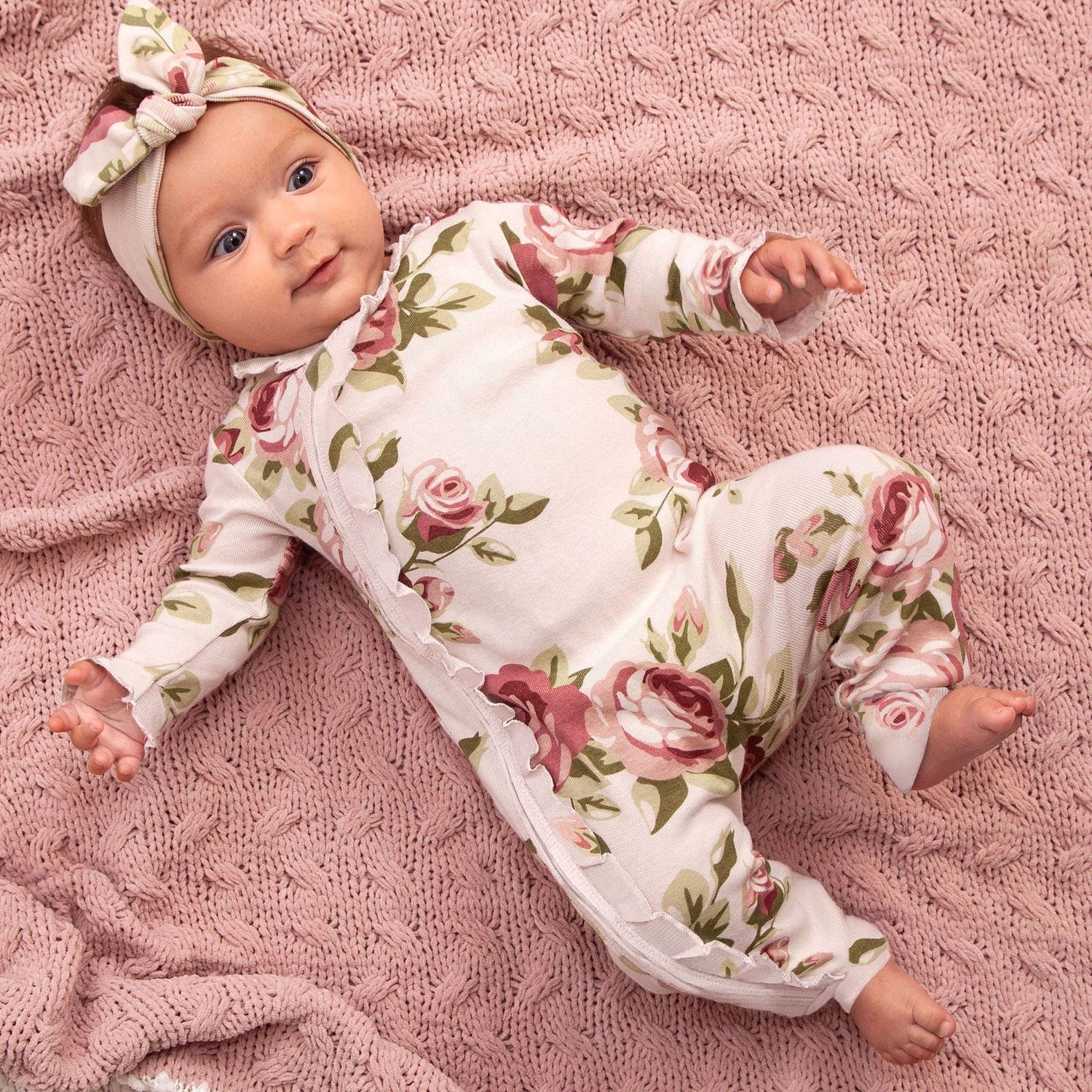 Baby Girl's Cabbage Rose Cotton Zippered Romper