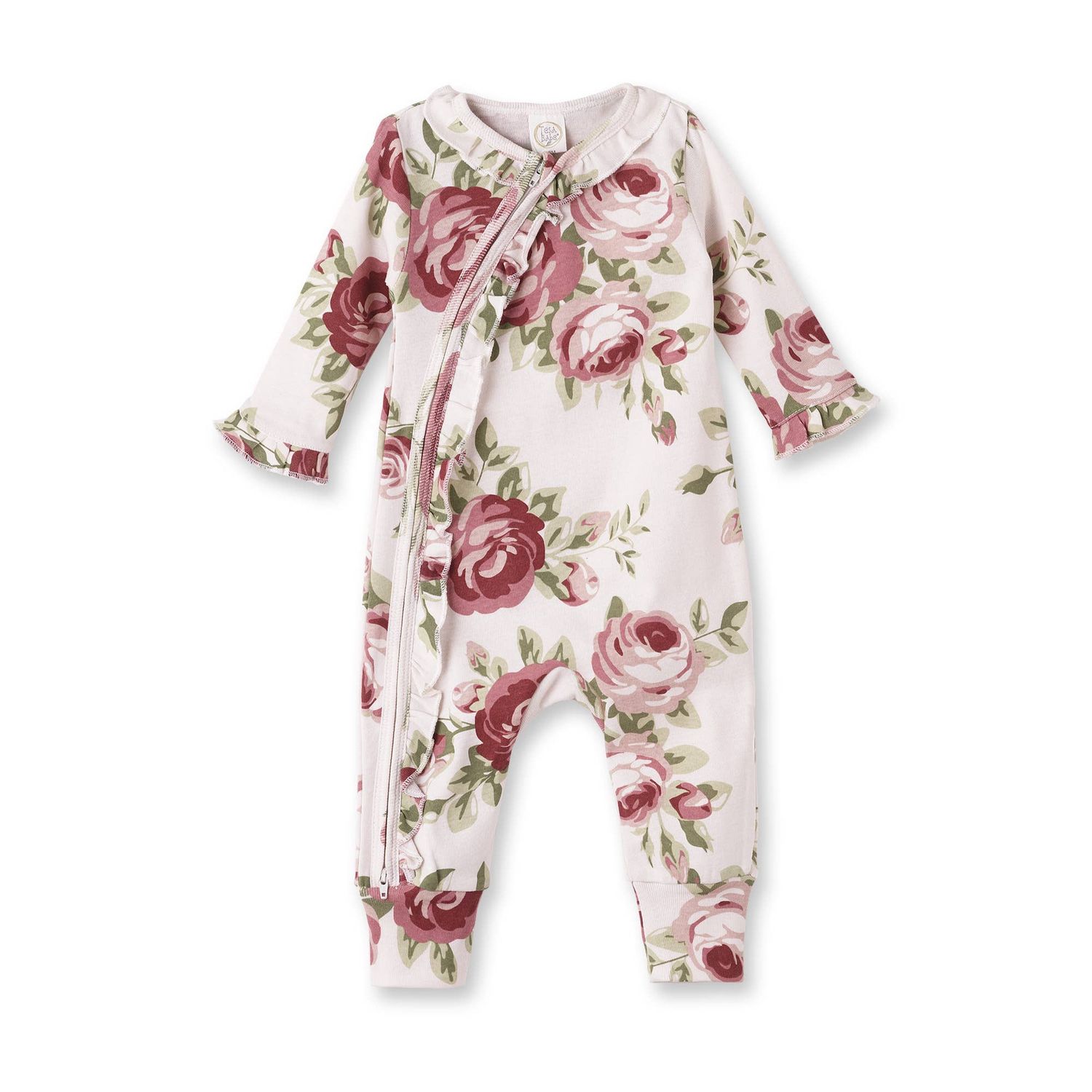 Baby Girl's Cabbage Rose Cotton Zippered Romper, Size: 0-3 months