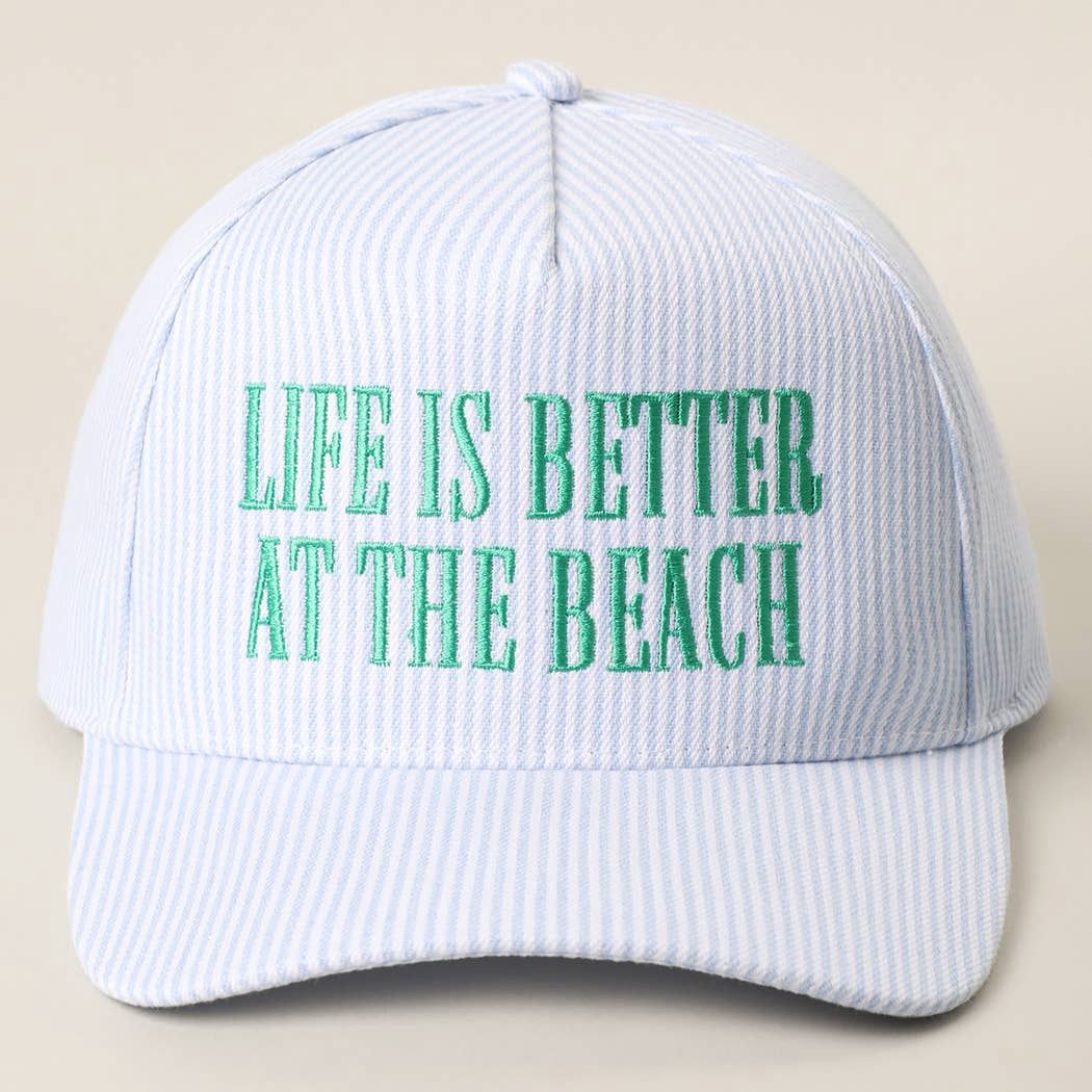 LIFE IS BETTER AT THE BEACH Embroidered Seersucker Hat