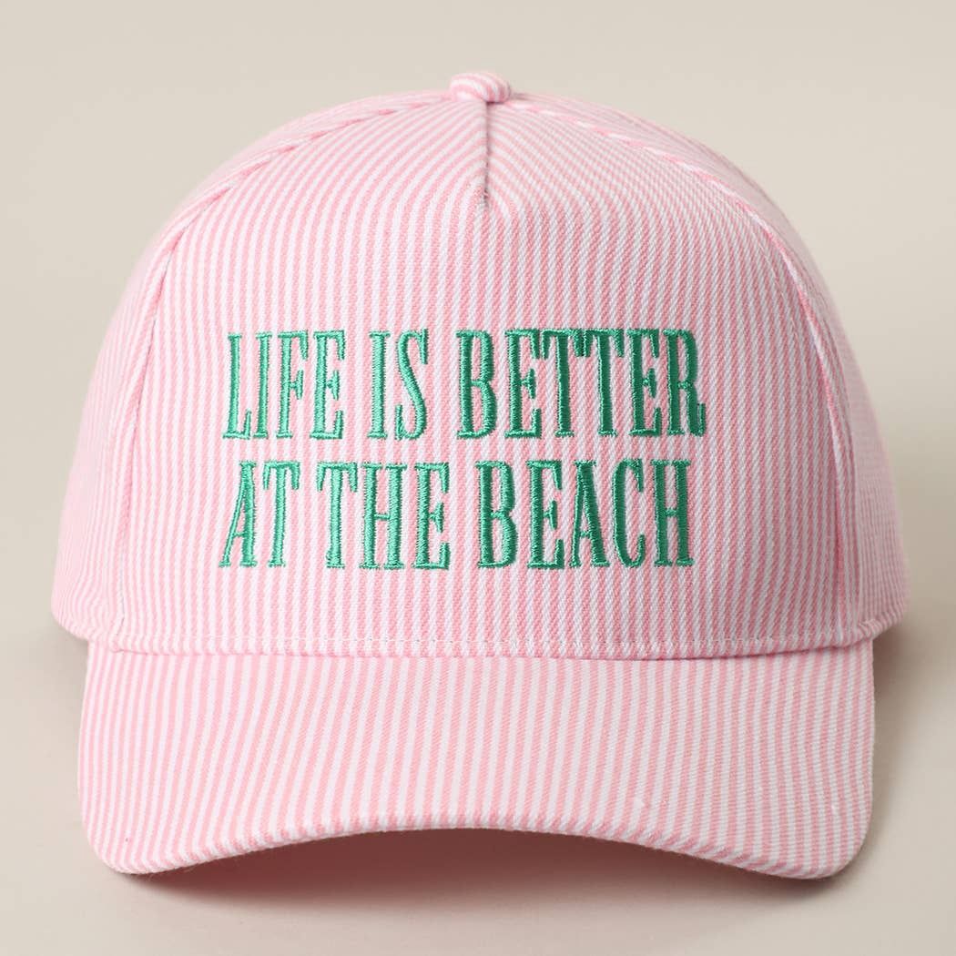 LIFE IS BETTER AT THE BEACH Embroidered Seersucker Hat, Color: PINK, Size: ONE SIZE