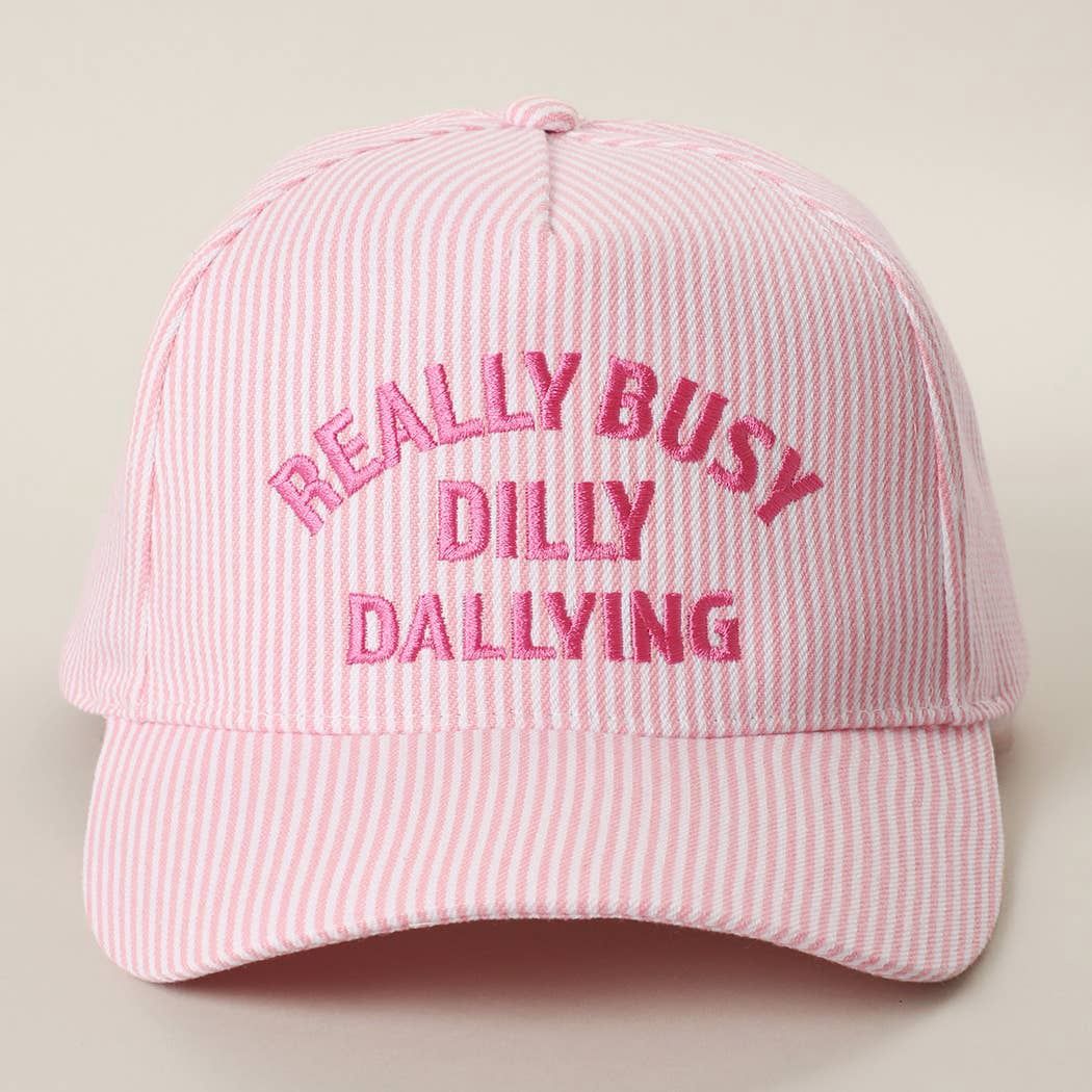 REALLY BUSY DILLY DALLYING Embroidered Seersucker Stripe Hat, Color: PINK, Size: ONE SIZE