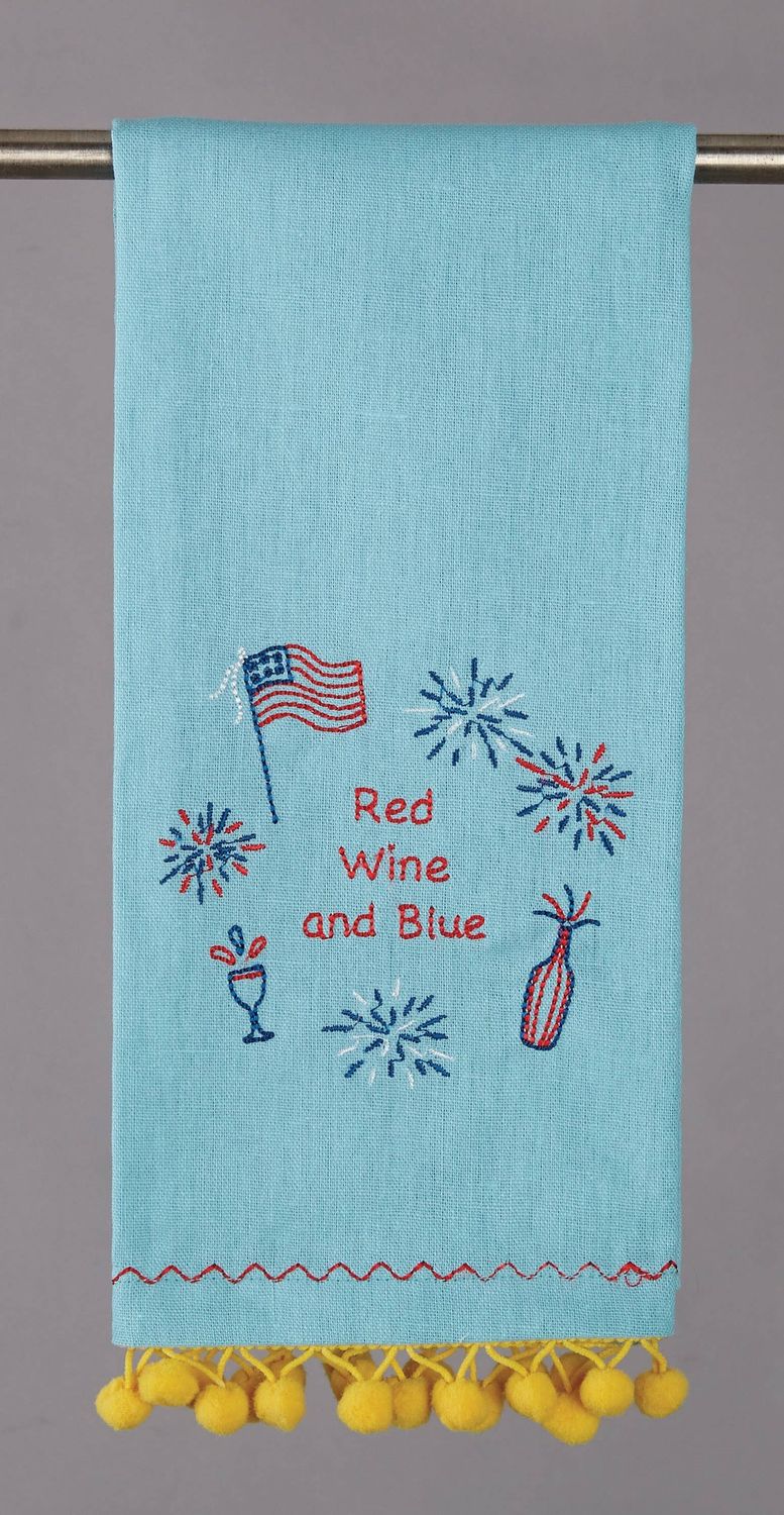 Red Wine And Blue Pom Pom Kitchen Towel