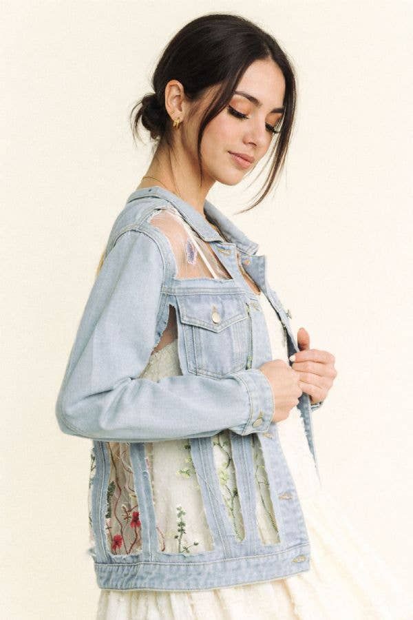 FLORAL EMBROIDERY MESH BUTTON DOWN DENIM JACKET