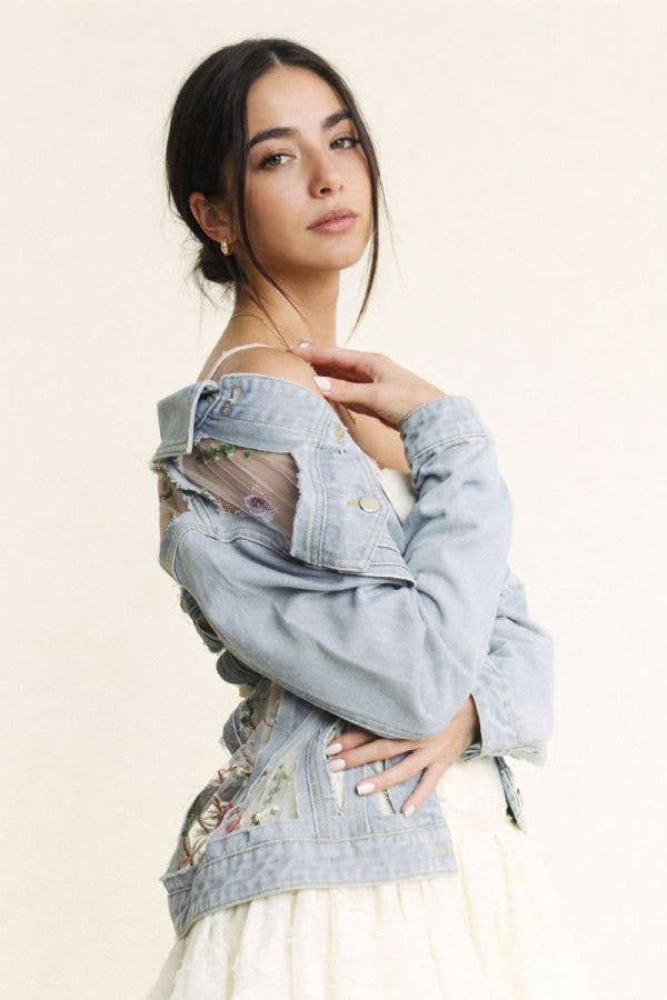 FLORAL EMBROIDERY MESH BUTTON DOWN DENIM JACKET