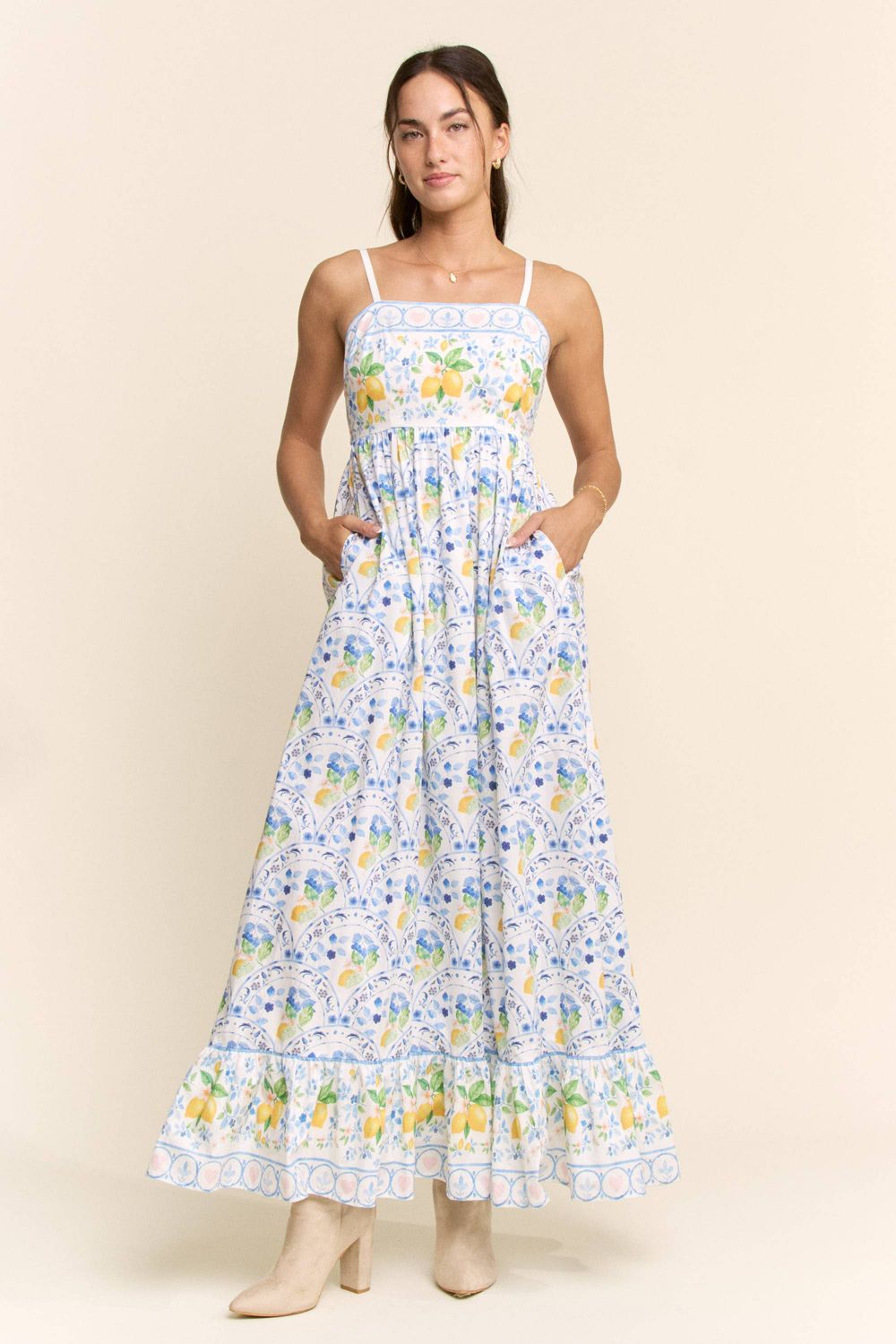 BORDER PRINT SMOCKING BACK MAXI DRESS
