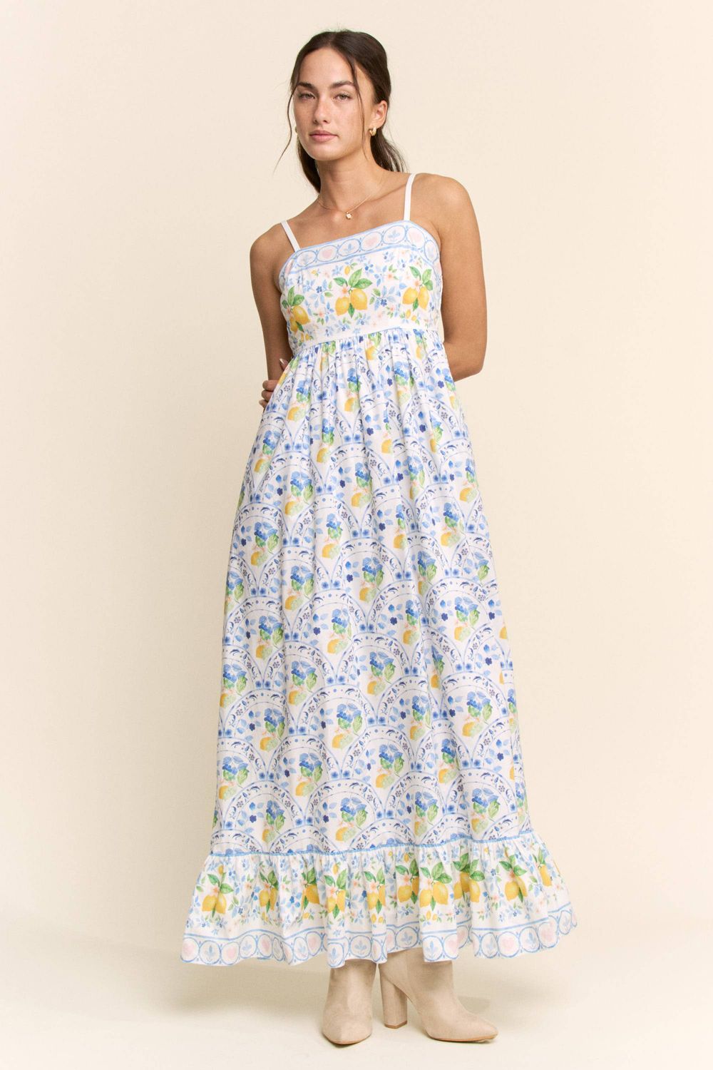BORDER PRINT SMOCKING BACK MAXI DRESS