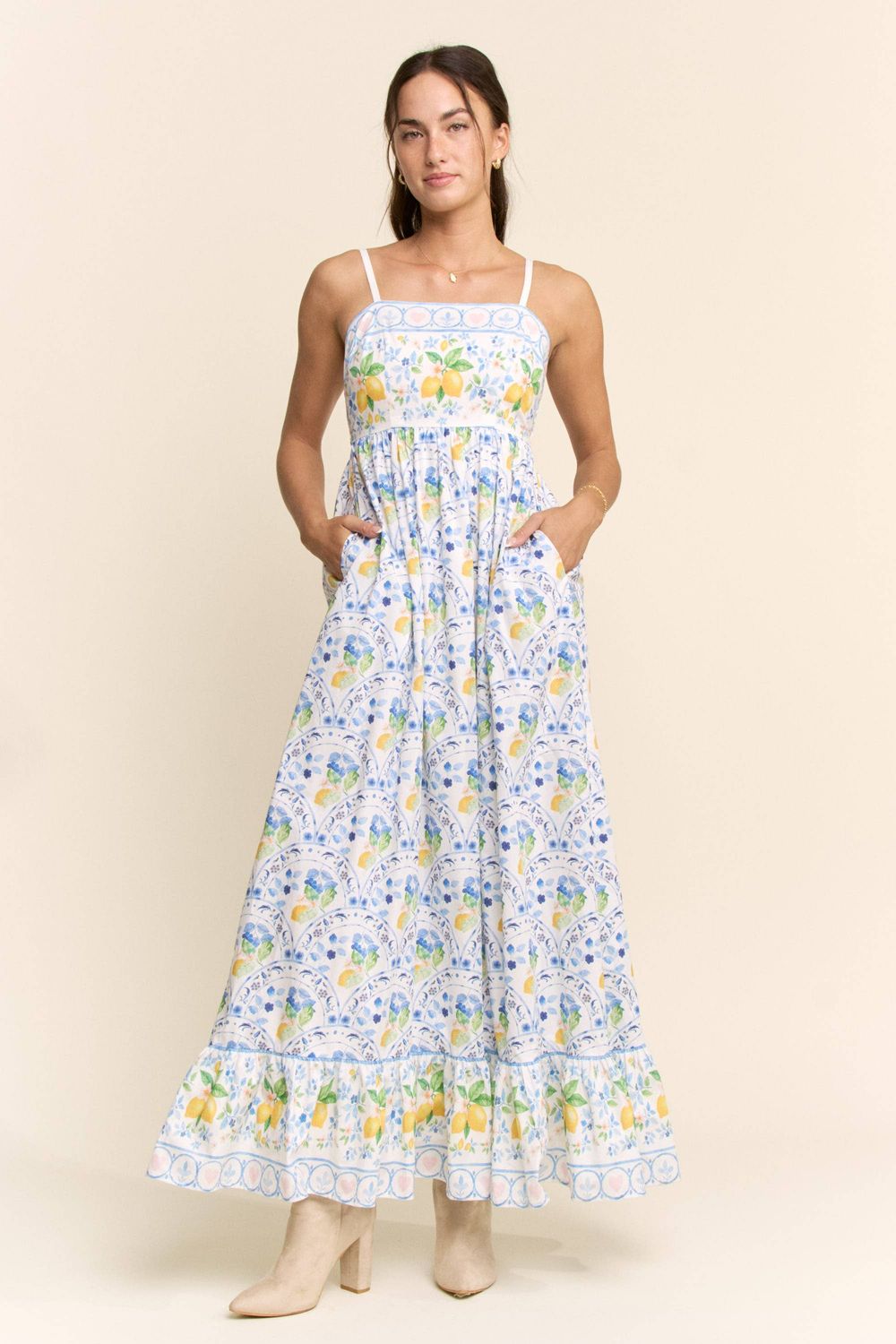 BORDER PRINT SMOCKING BACK MAXI DRESS, Size: s