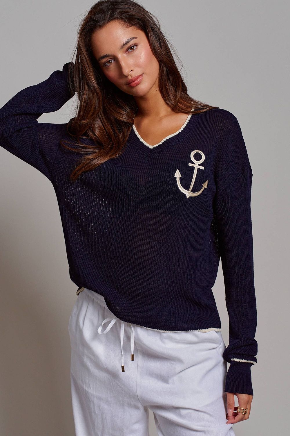Nautical Anchor V-Neck Knit Top Contrast Trim