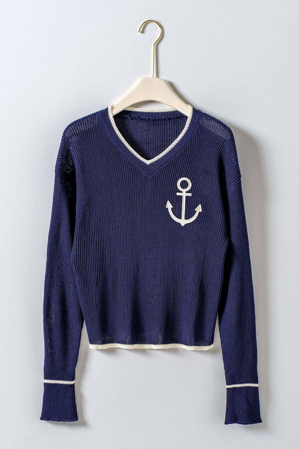 Nautical Anchor V-Neck Knit Top Contrast Trim, Color: NAVY, Size: S/M