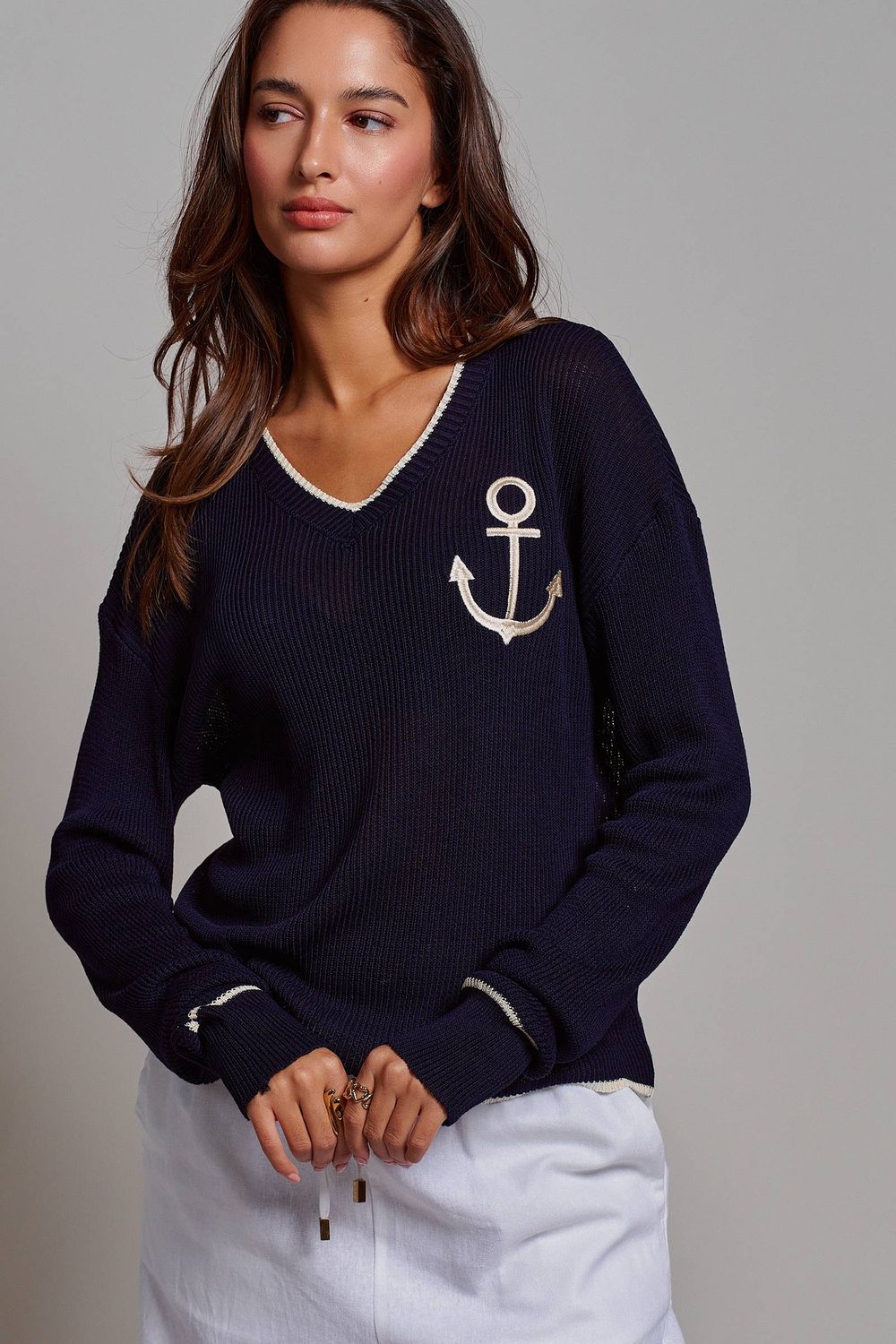 Nautical Anchor V-Neck Knit Top Contrast Trim