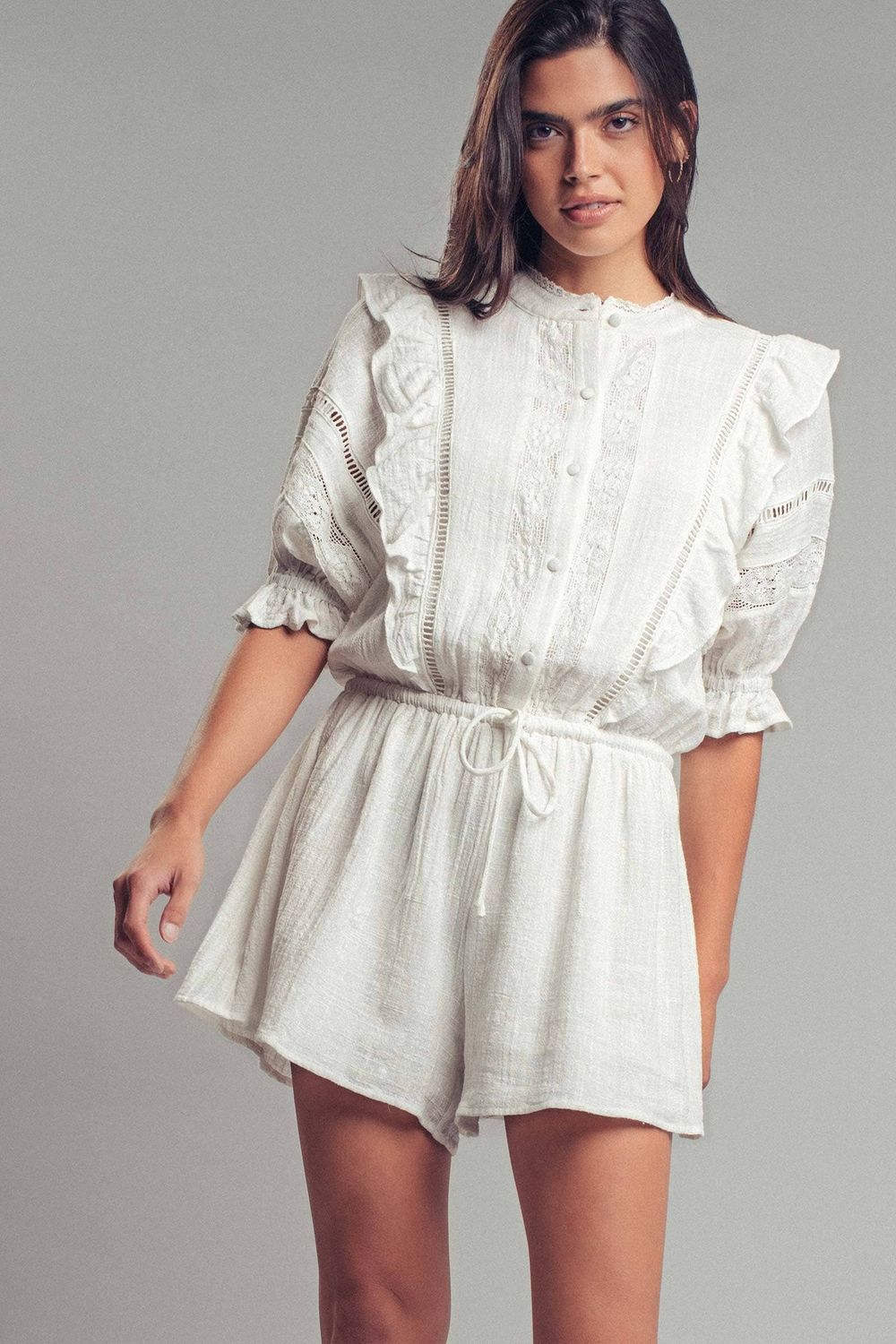 Lace &amp; Ruffle Cotton Romper, Color: WHITE, Size: S