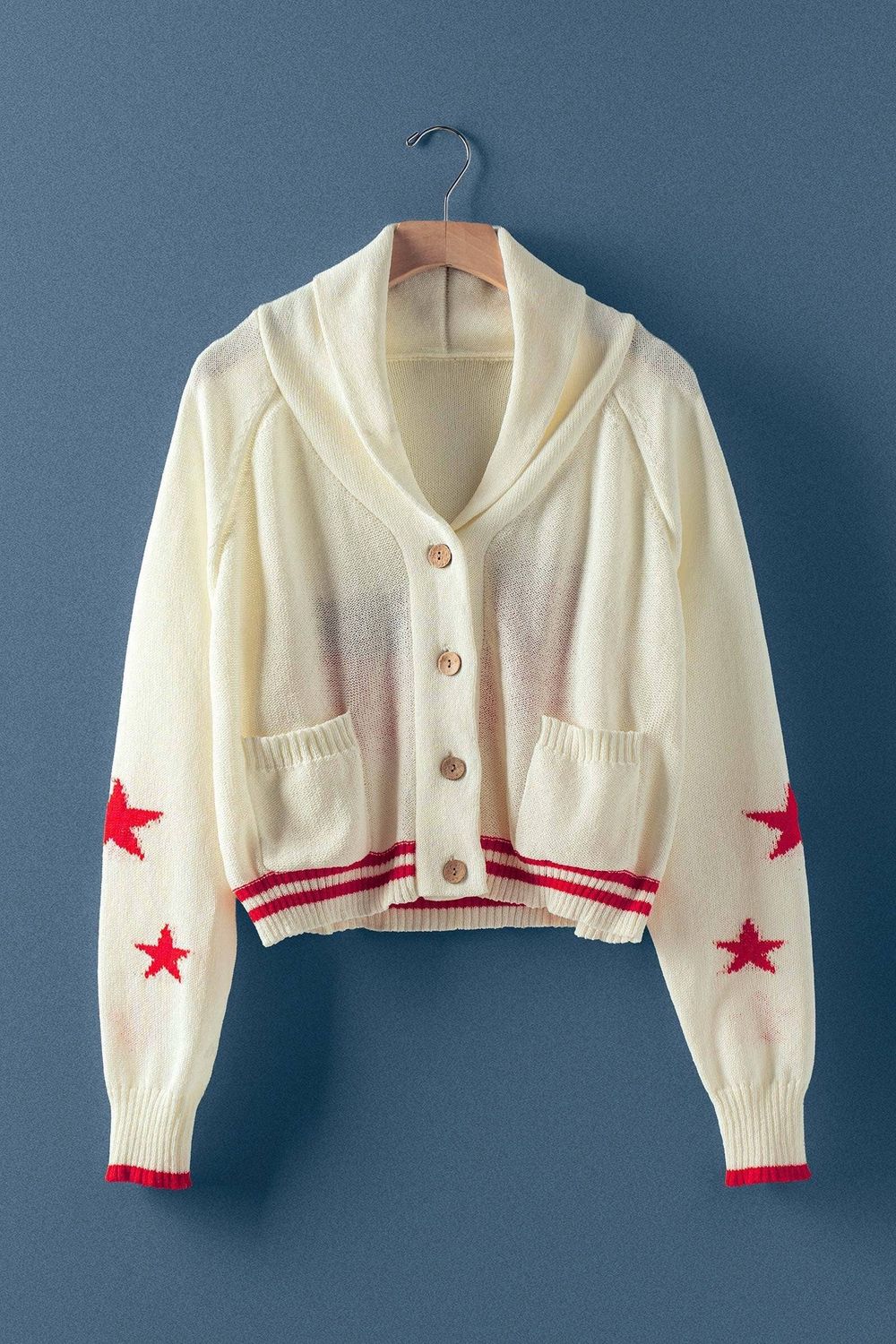 American Flag Star Shawl Collar Cardigan, Color: IVORY, Size: SM