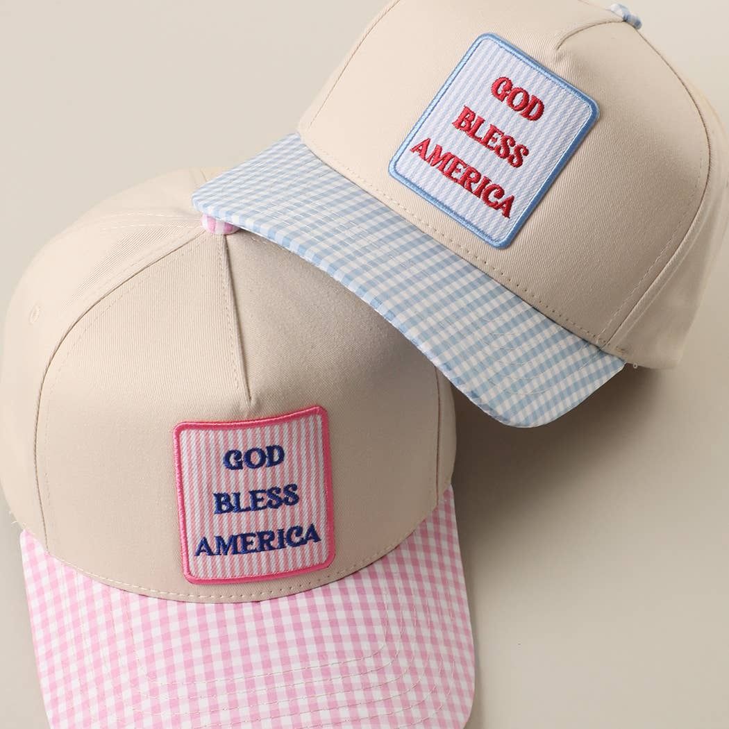 GOD BLESS AMERICA Embroidered Patch Gingham Trucker Hat