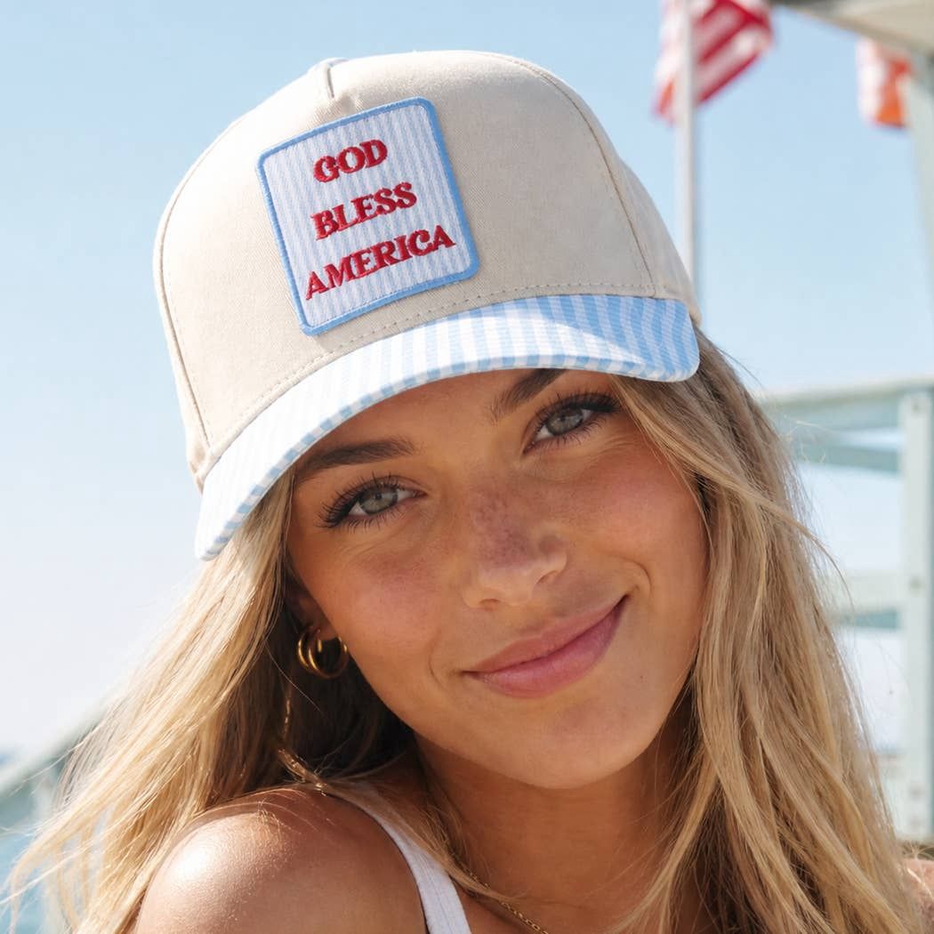 GOD BLESS AMERICA Embroidered Patch Gingham Trucker Hat