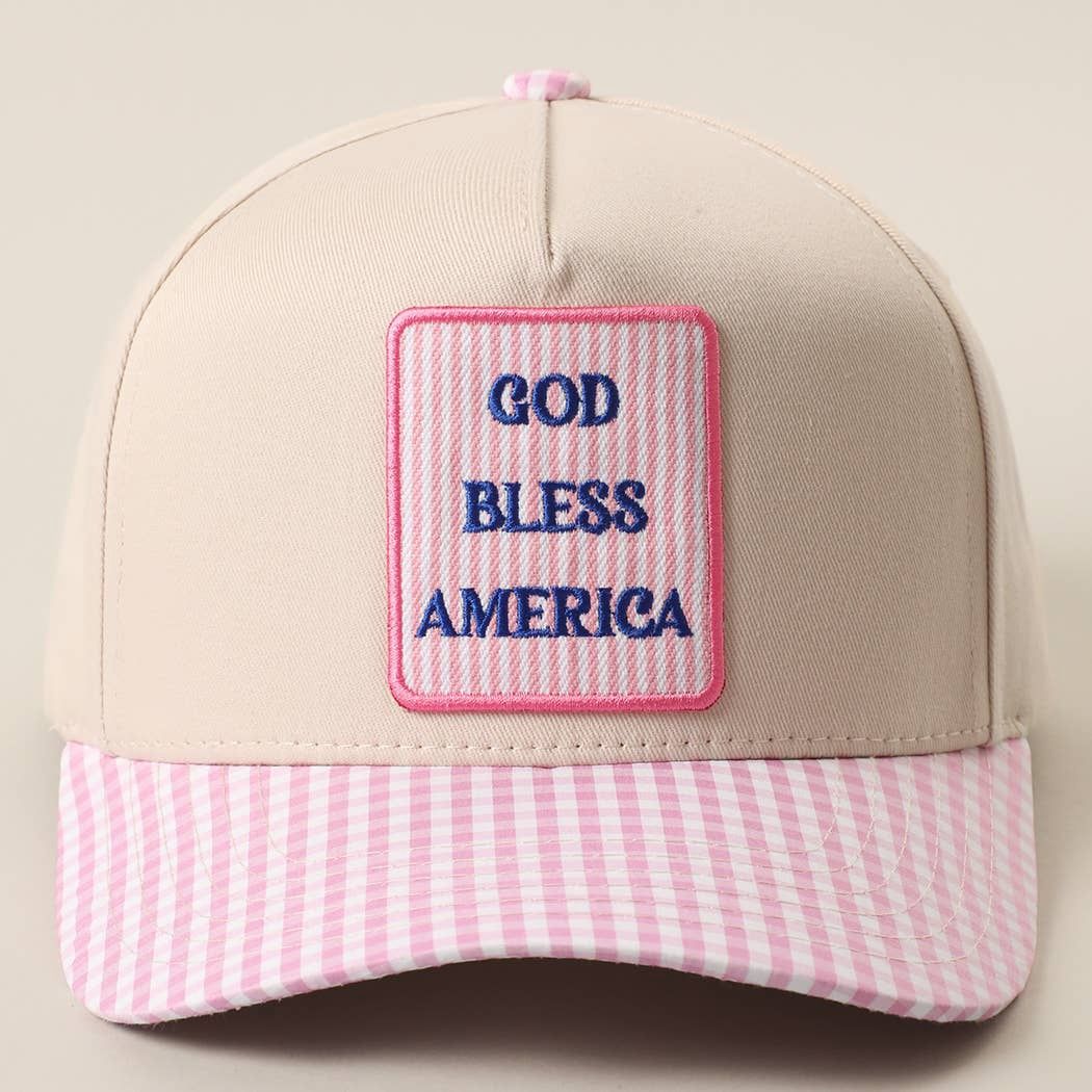 GOD BLESS AMERICA Embroidered Patch Gingham Trucker Hat, Color: PINK, Size: ONE SIZE