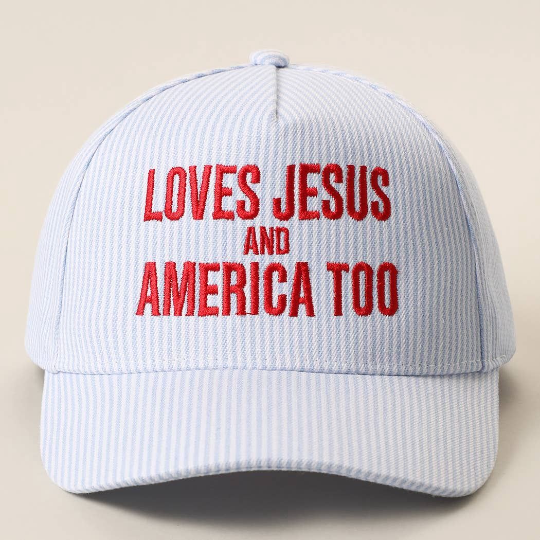 LOVES JESUS AND AMERICA TOO Embroidered Seersucker Hat, Color: BLUE, Size: ONE SIZE