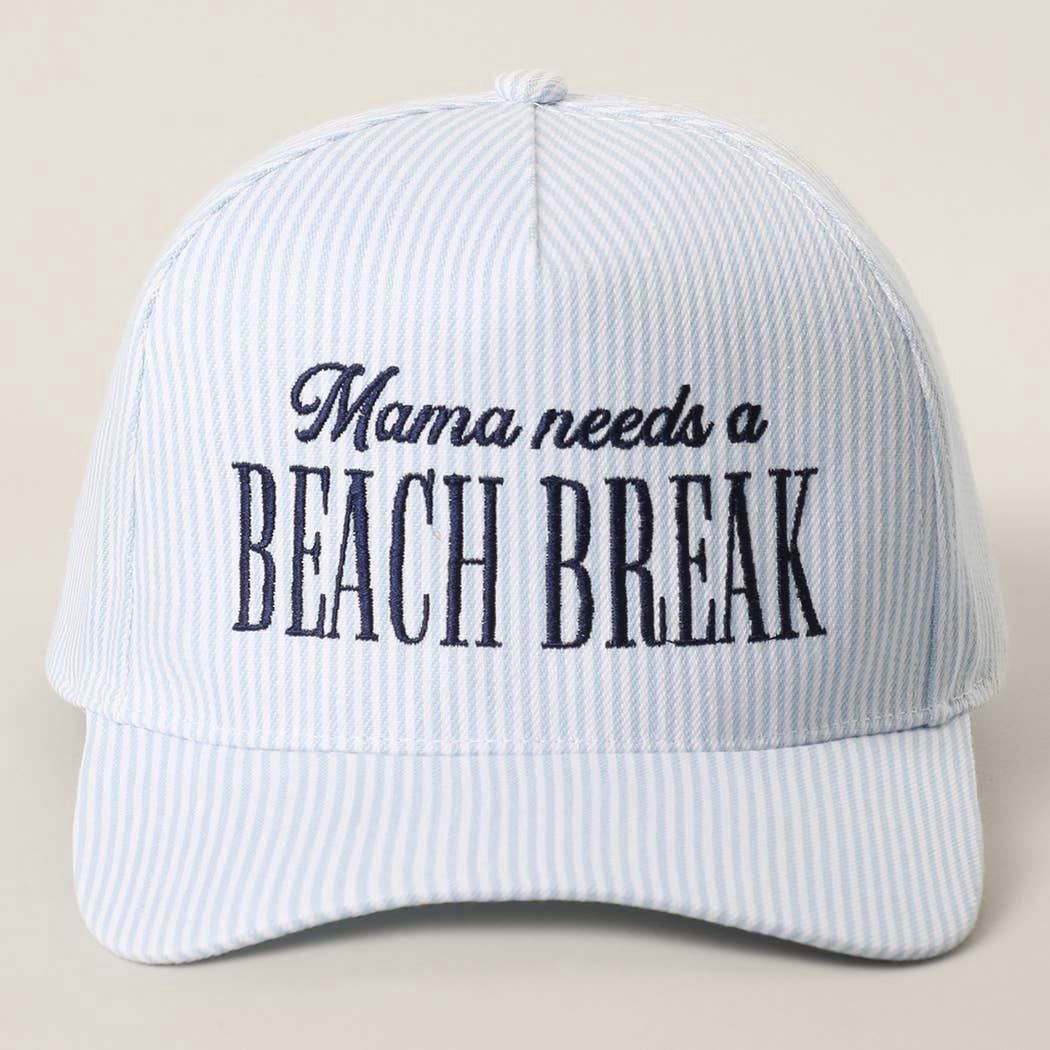 MAMA NEEDS A BEACH BREAK Embroidered StripedTrucker Hat, Color: Blue